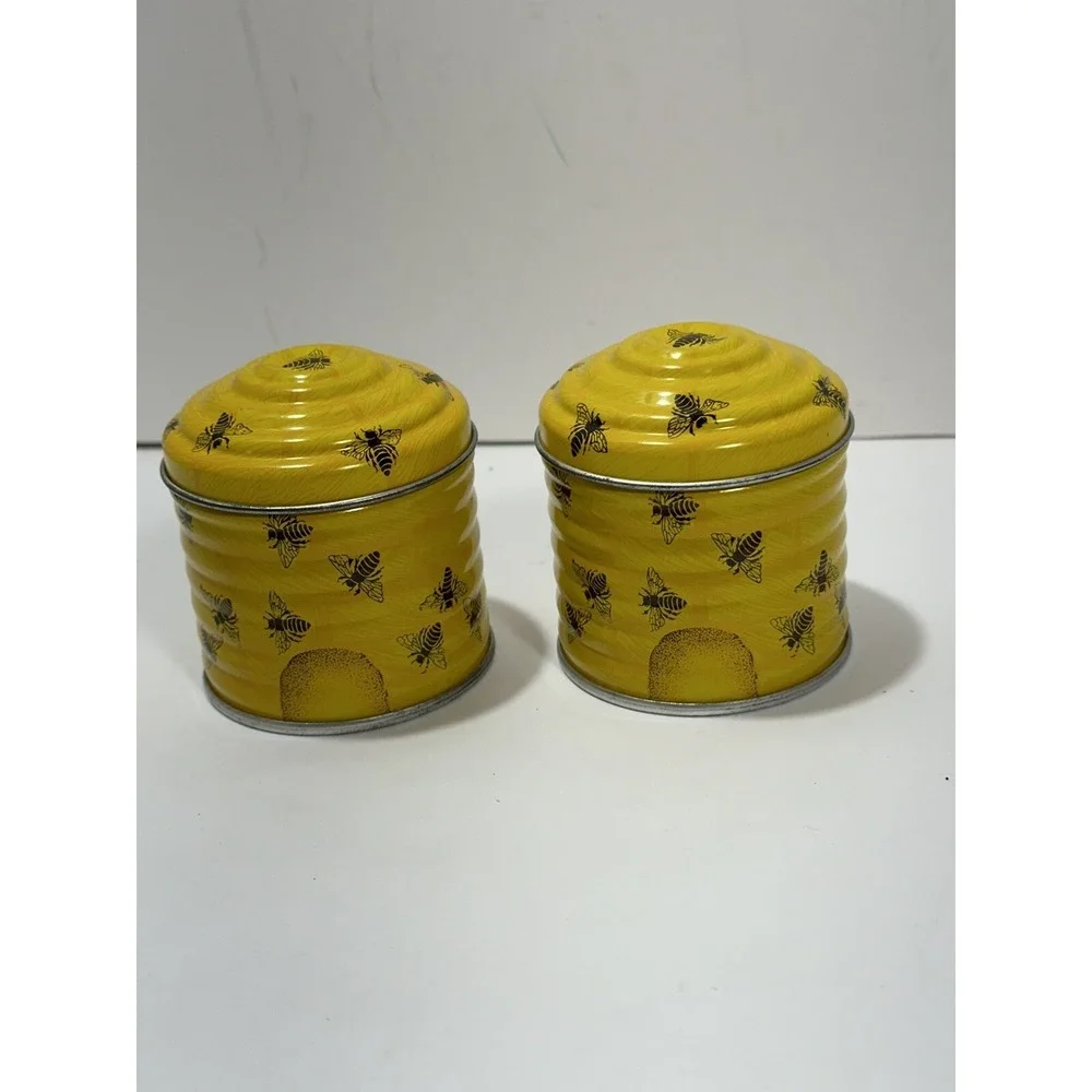 Vintage Beehive Bee Yellow Tin Candle Set Of 2 Made In Switzerland Very Rare!